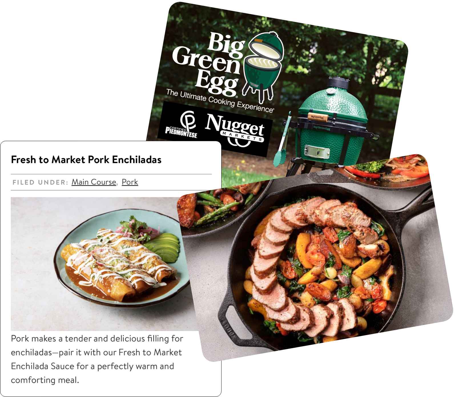 A collage of images featuring a Green Egg smoker, pork tenderloins in an iron skillet, and a recipe card featuring encheladas